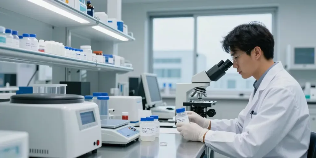 Laboratory technician inspecting SwissChems peptide samples in a modern lab.